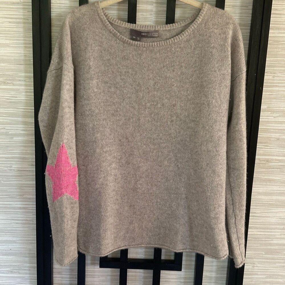 360 Sweater 100% cashmere gray sweater with pink stars size XS oversized